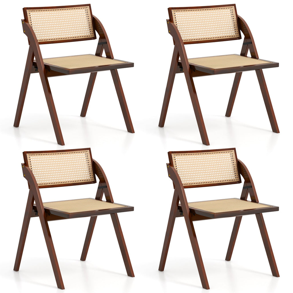 Set of 4 Folding Dining Chairs with Woven Rattan Back and Seat, Brown Rubber Wood