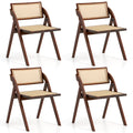 Set of 4 Folding Dining Chairs with Woven Rattan Back and Seat, Brown Rubber Wood