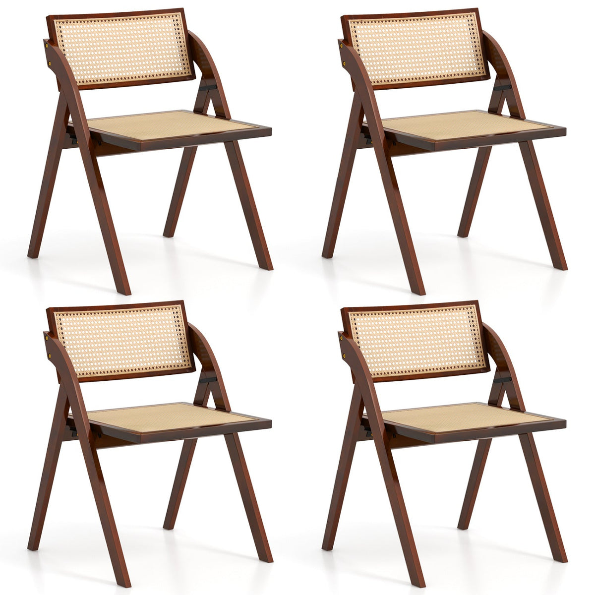 Set of 4 Folding Dining Chairs with Woven Rattan Back and Seat, Brown Rubber Wood