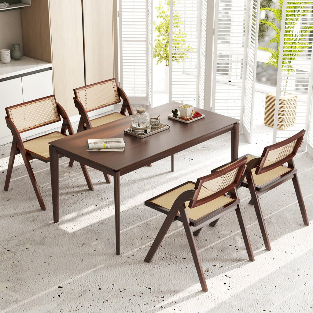Set of 4 Folding Dining Chairs with Woven Rattan Back and Seat, Brown Rubber Wood