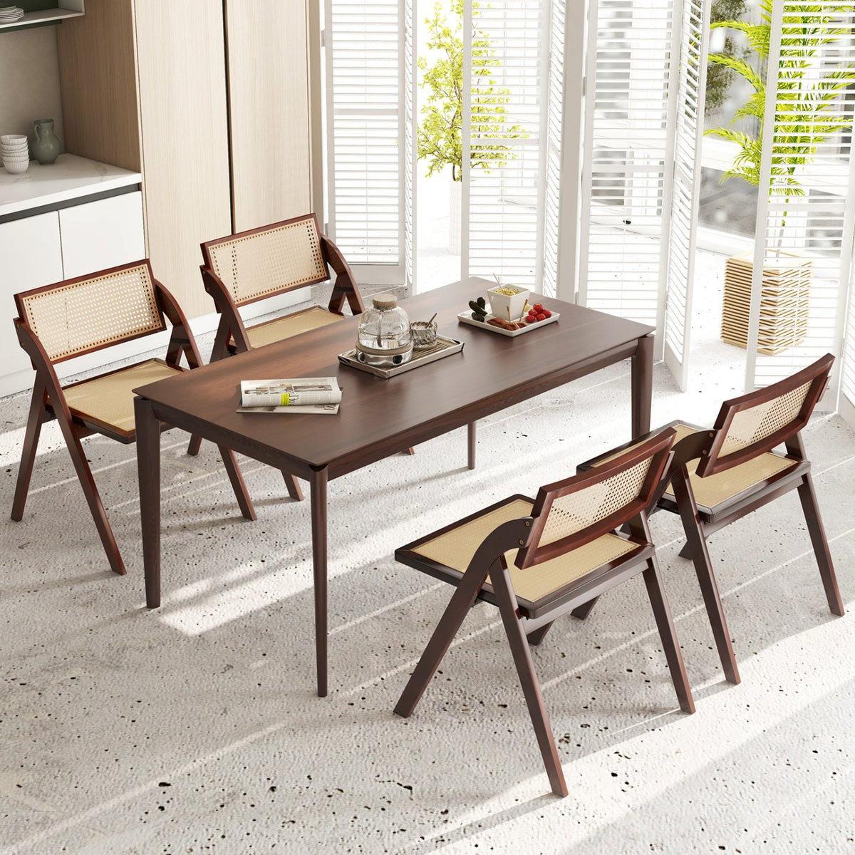Set of 4 Folding Dining Chairs with Woven Rattan Back and Seat, Brown Rubber Wood