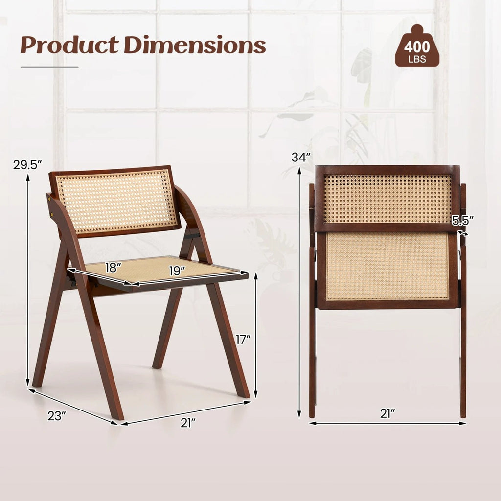 Set of 4 Folding Dining Chairs with Woven Rattan Back and Seat, Brown Rubber Wood