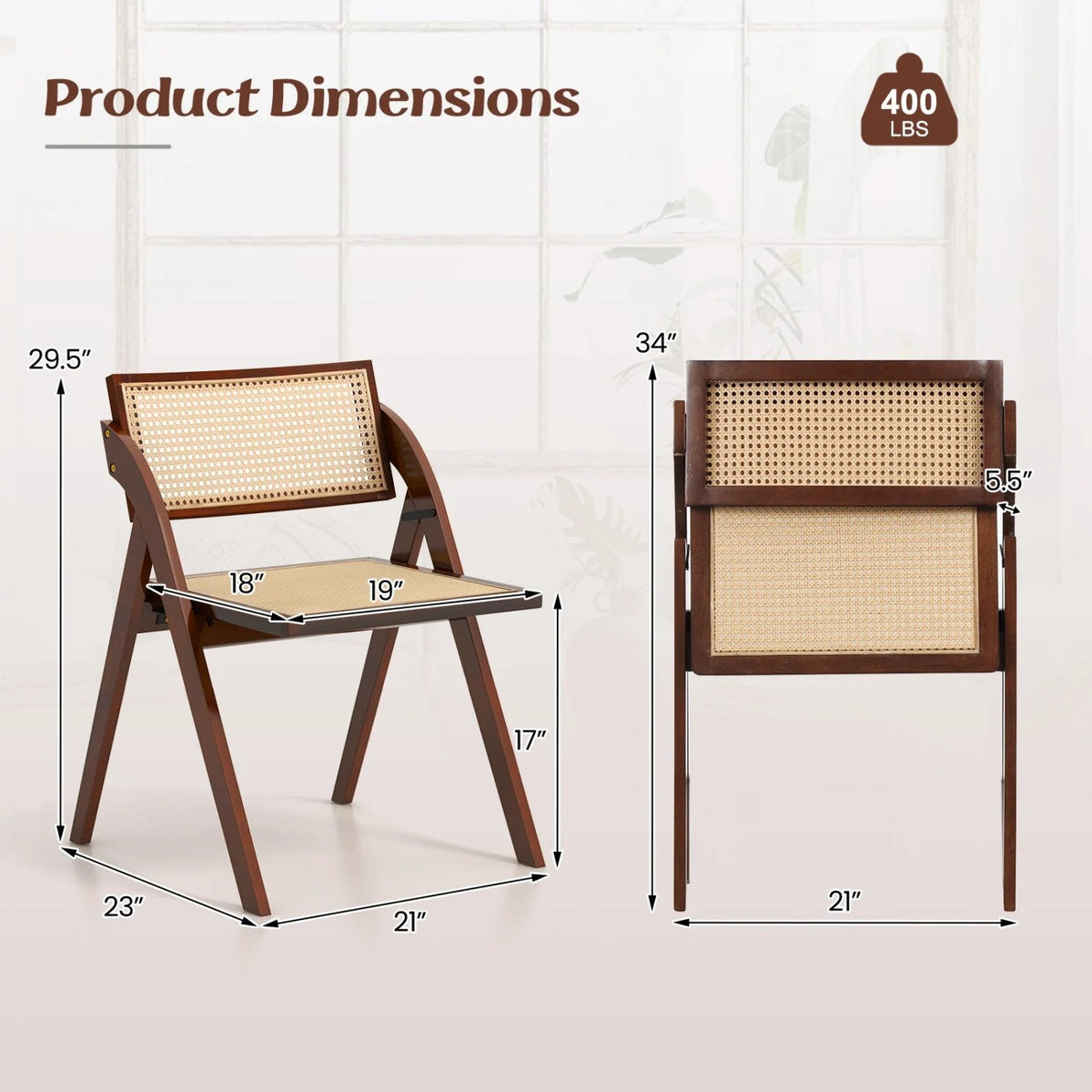 Set of 4 Folding Dining Chairs with Woven Rattan Back and Seat, Brown Rubber Wood