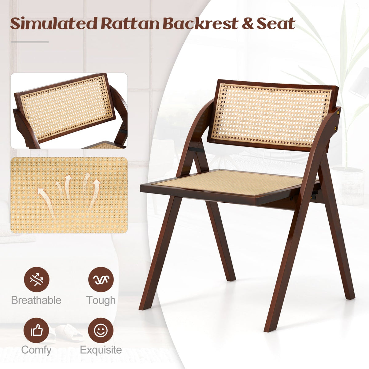 Set of 4 Folding Dining Chairs with Woven Rattan Back and Seat, Brown Rubber Wood