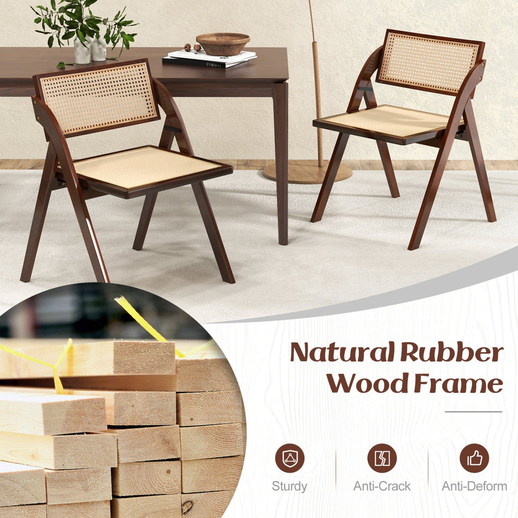 Set of 4 Folding Dining Chairs with Woven Rattan Back and Seat, Brown Rubber Wood
