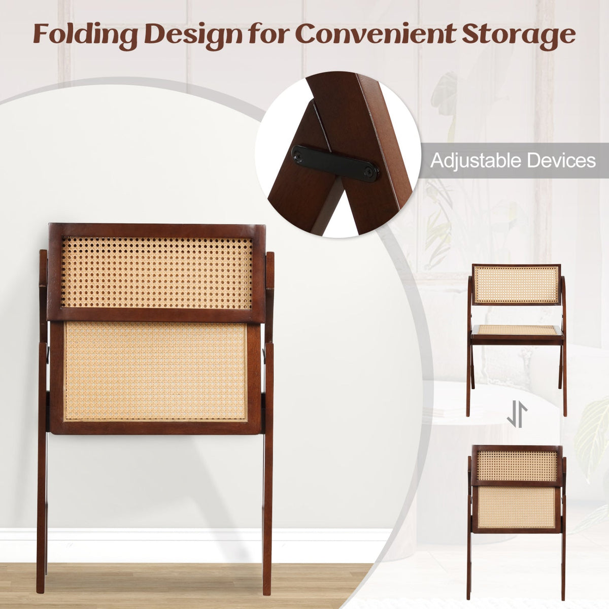 Set of 4 Folding Dining Chairs with Woven Rattan Back and Seat, Brown Rubber Wood