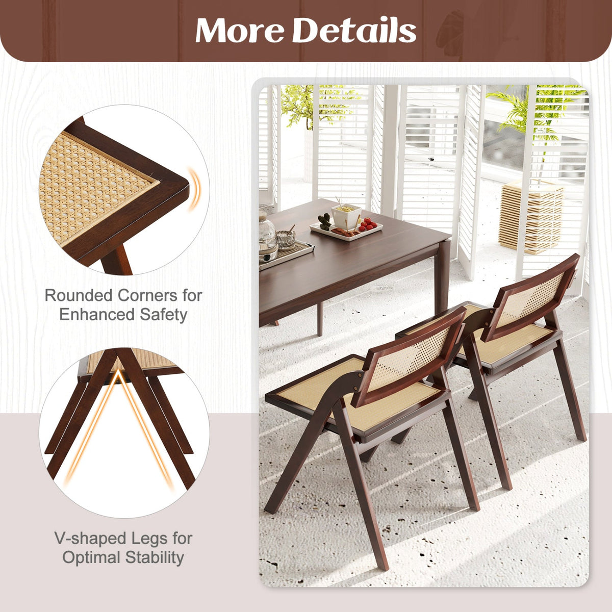 Set of 4 Folding Dining Chairs with Woven Rattan Back and Seat, Brown Rubber Wood