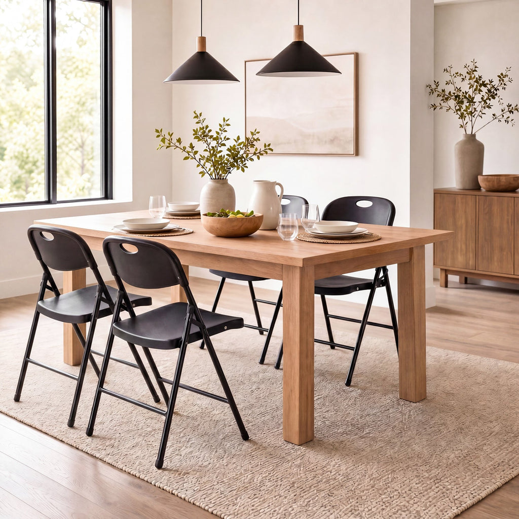 Set of 4 Folding Plastic Chairs with Contoured Seat and Carry Handle, Black