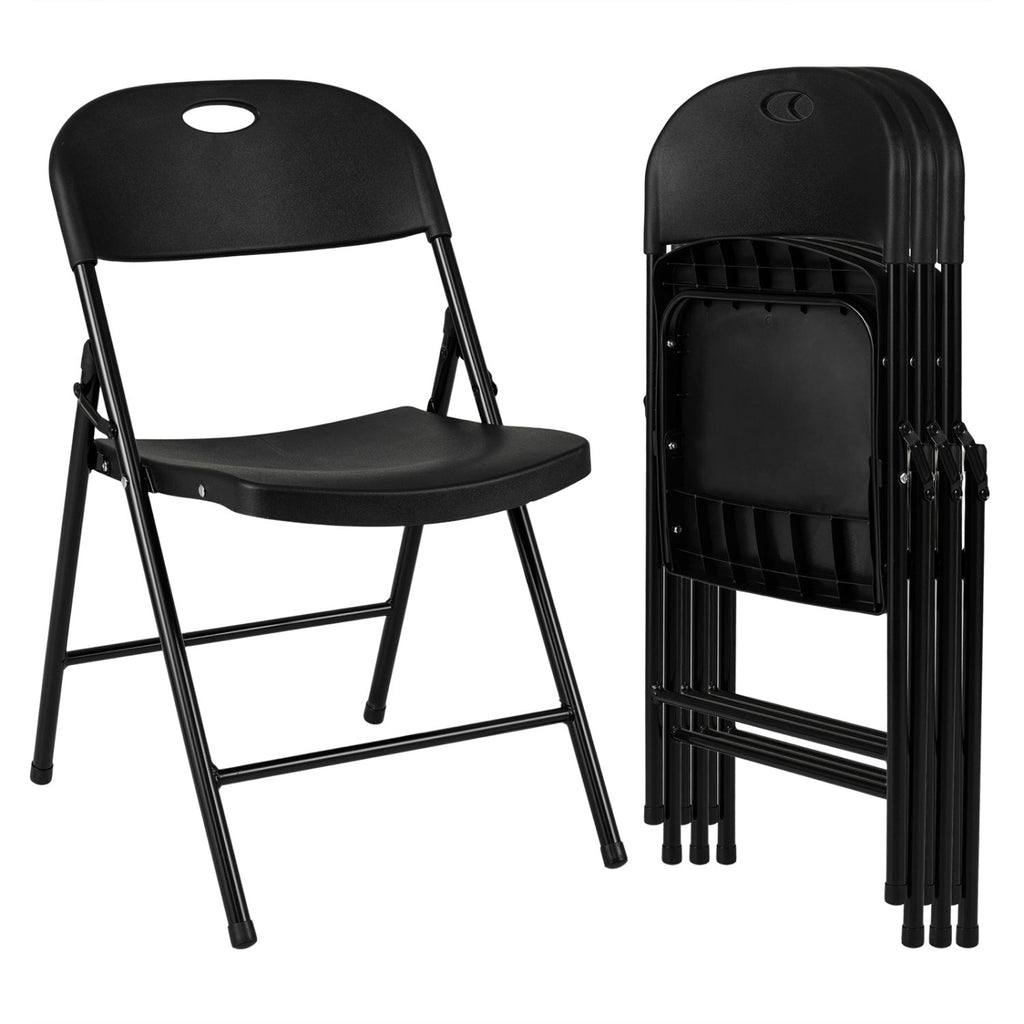 Set of 4 Folding Plastic Chairs with Contoured Seat and Carry Handle, Black