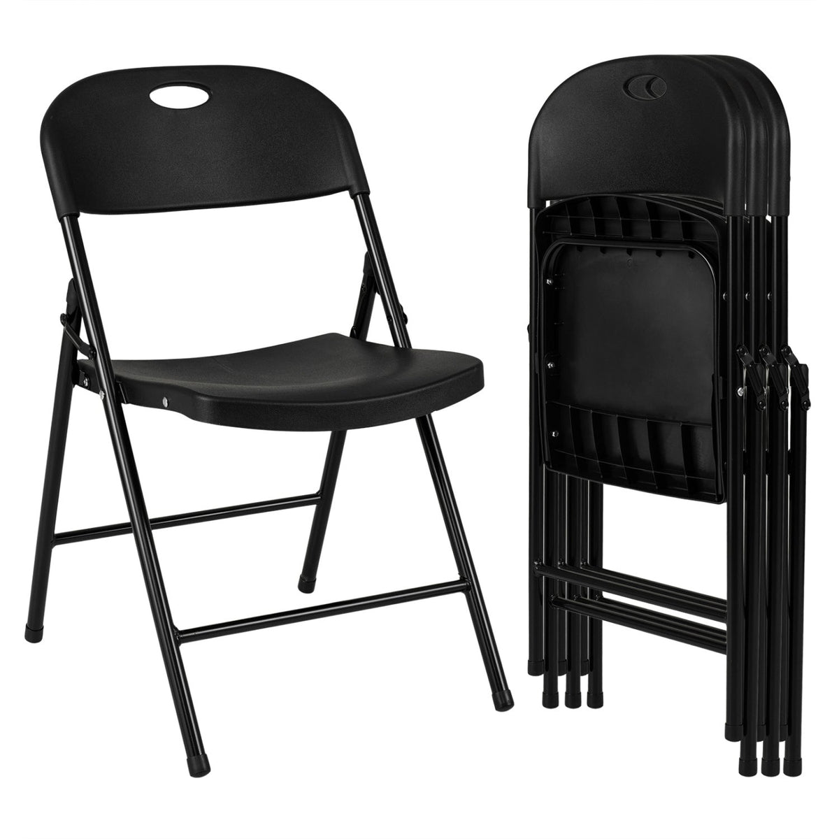 Set of 4 Folding Plastic Chairs with Contoured Seat and Carry Handle, Black