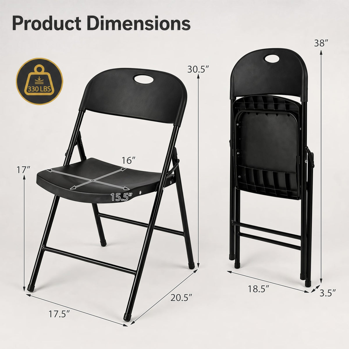 Set of 4 Folding Plastic Chairs with Contoured Seat and Carry Handle, Black