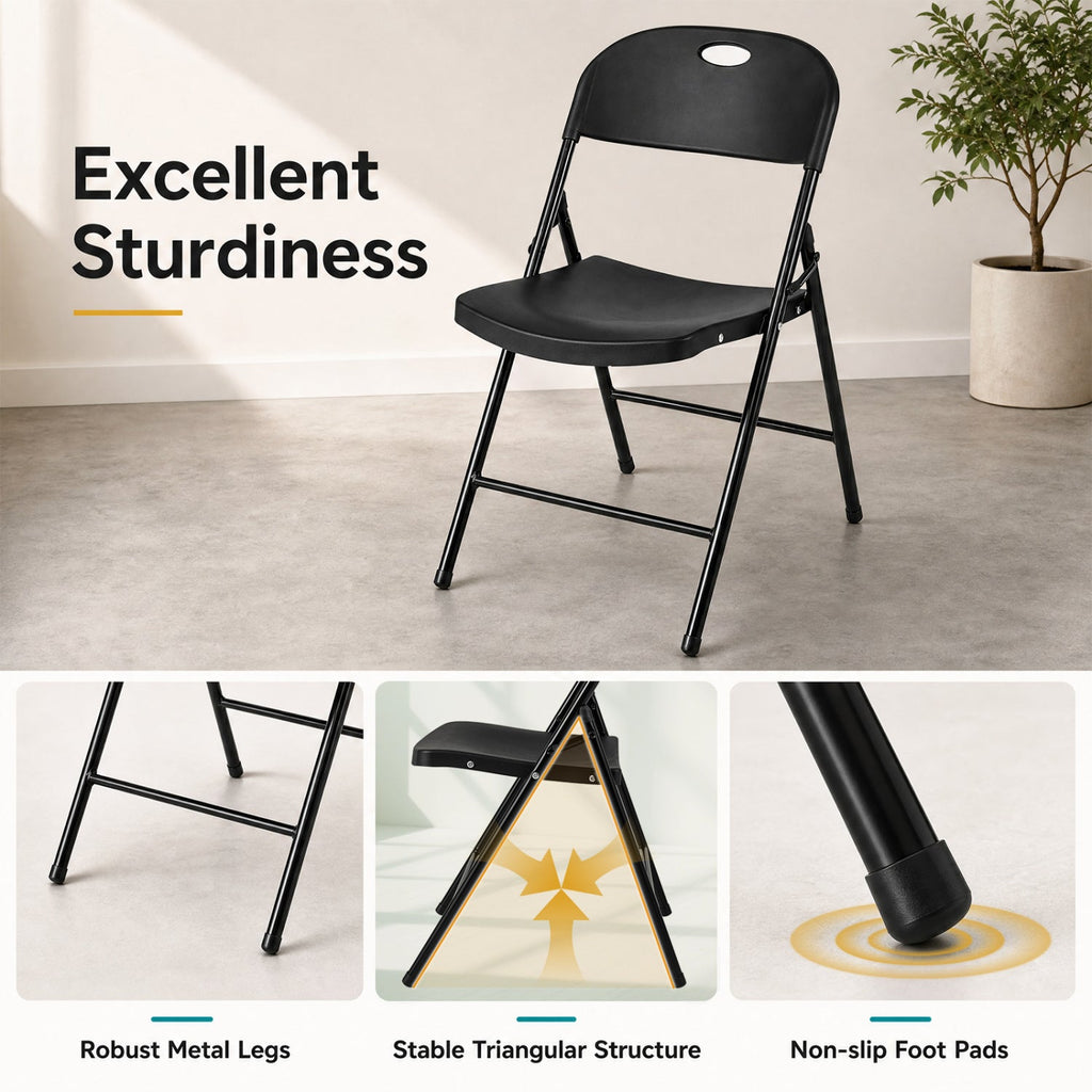 Set of 4 Folding Plastic Chairs with Contoured Seat and Carry Handle, Black