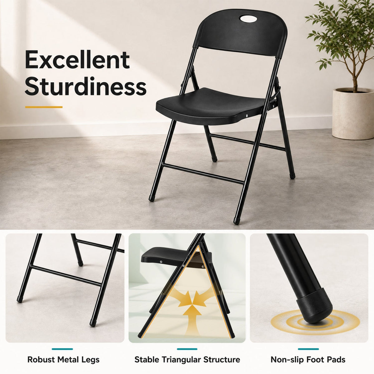 Set of 4 Folding Plastic Chairs with Contoured Seat and Carry Handle, Black