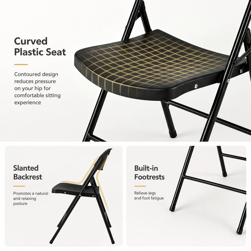 Set of 4 Folding Plastic Chairs with Contoured Seat and Carry Handle, Black