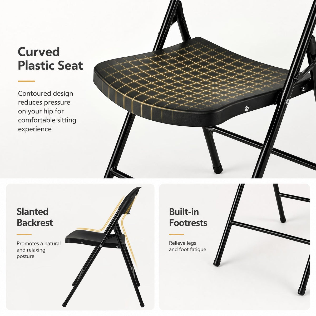 Set of 4 Folding Plastic Chairs with Contoured Seat and Carry Handle, Black