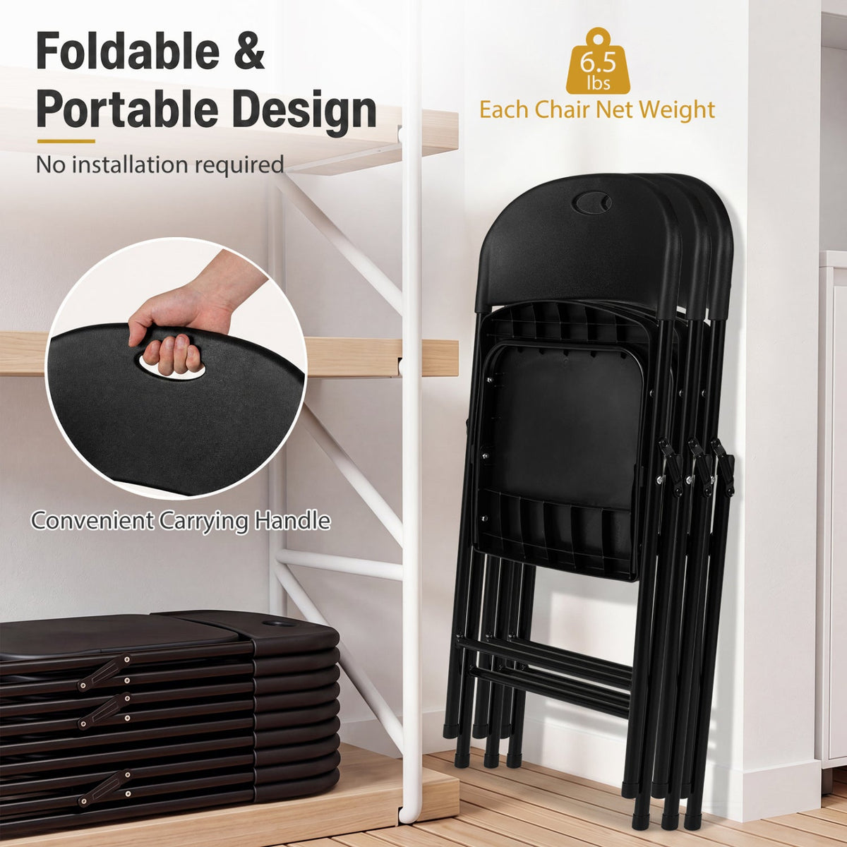 Set of 4 Folding Plastic Chairs with Contoured Seat and Carry Handle, Black