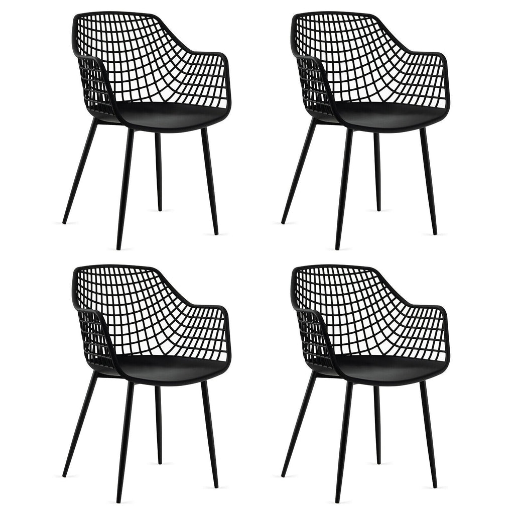 Set of 4 Hollow Back Dining Armchairs with Curved Seat, Black Plastic and Metal Legs