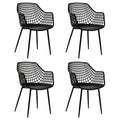Set of 4 Hollow Back Dining Armchairs with Curved Seat, Black Plastic and Metal Legs
