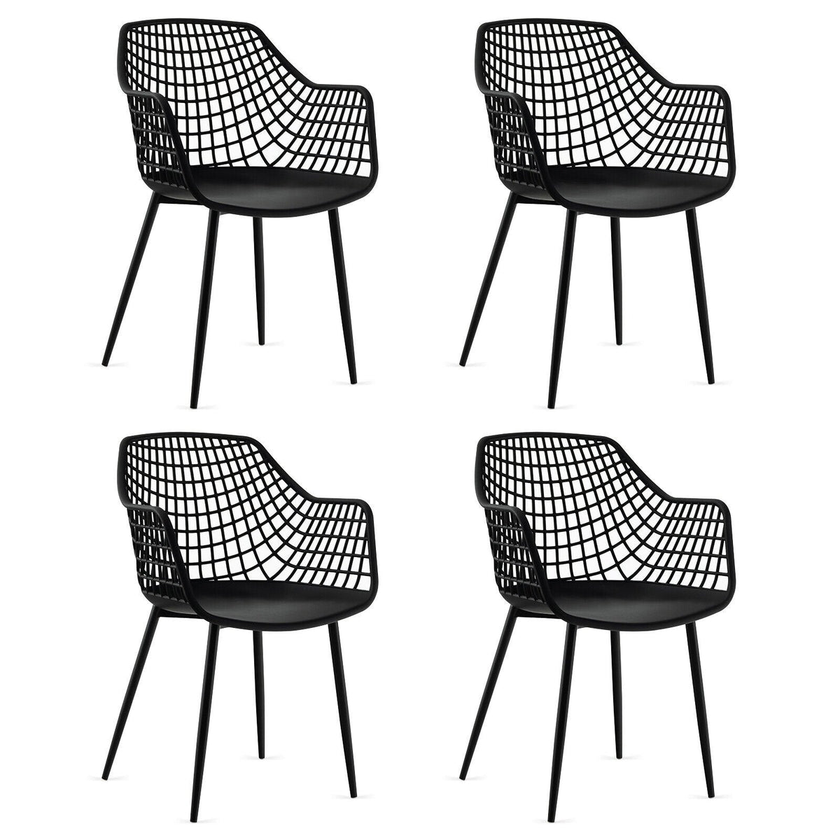 Set of 4 Hollow Back Dining Armchairs with Curved Seat, Black Plastic and Metal Legs