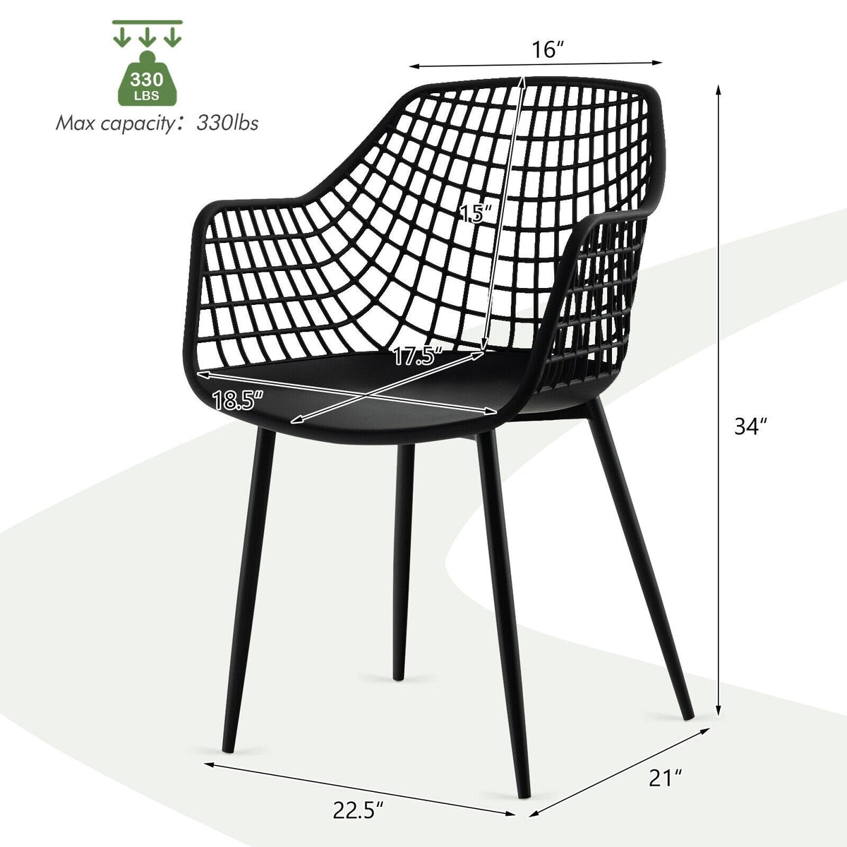 Set of 4 Hollow Back Dining Armchairs with Curved Seat, Black Plastic and Metal Legs