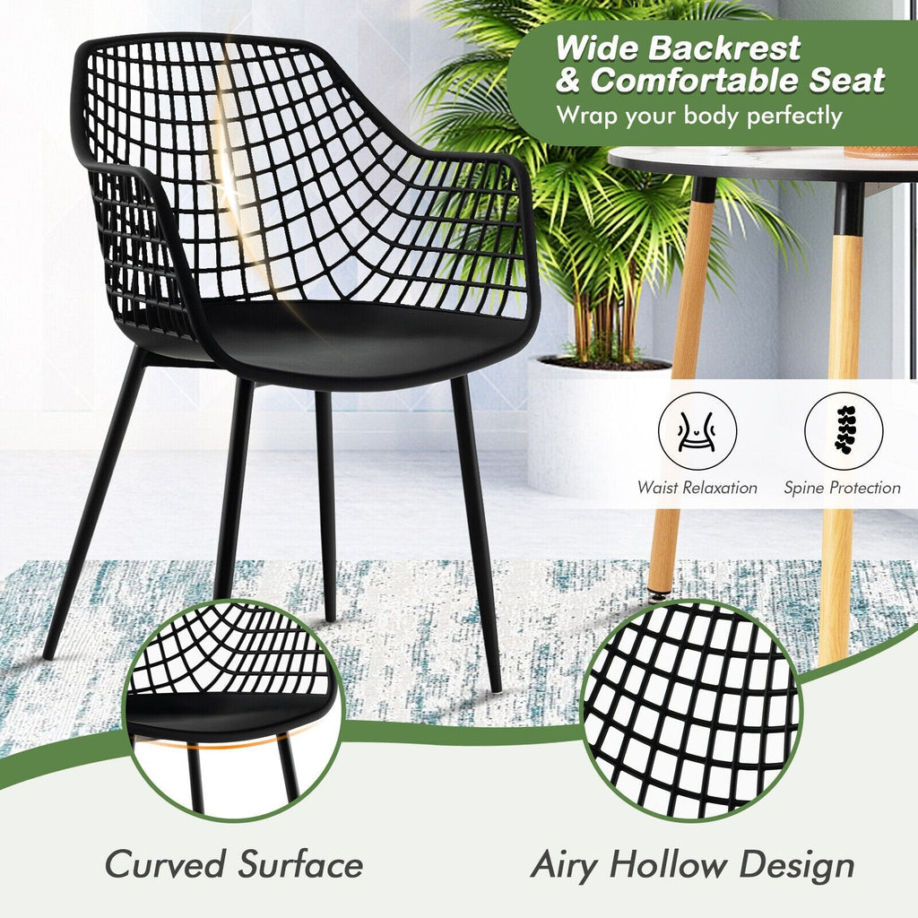 Set of 4 Hollow Back Dining Armchairs with Curved Seat, Black Plastic and Metal Legs