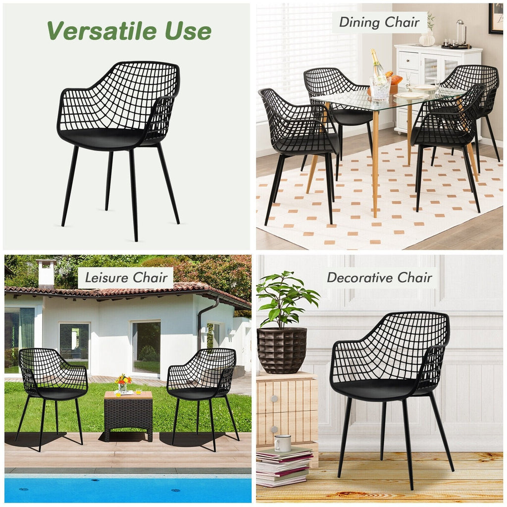 Set of 4 Hollow Back Dining Armchairs with Curved Seat, Black Plastic and Metal Legs