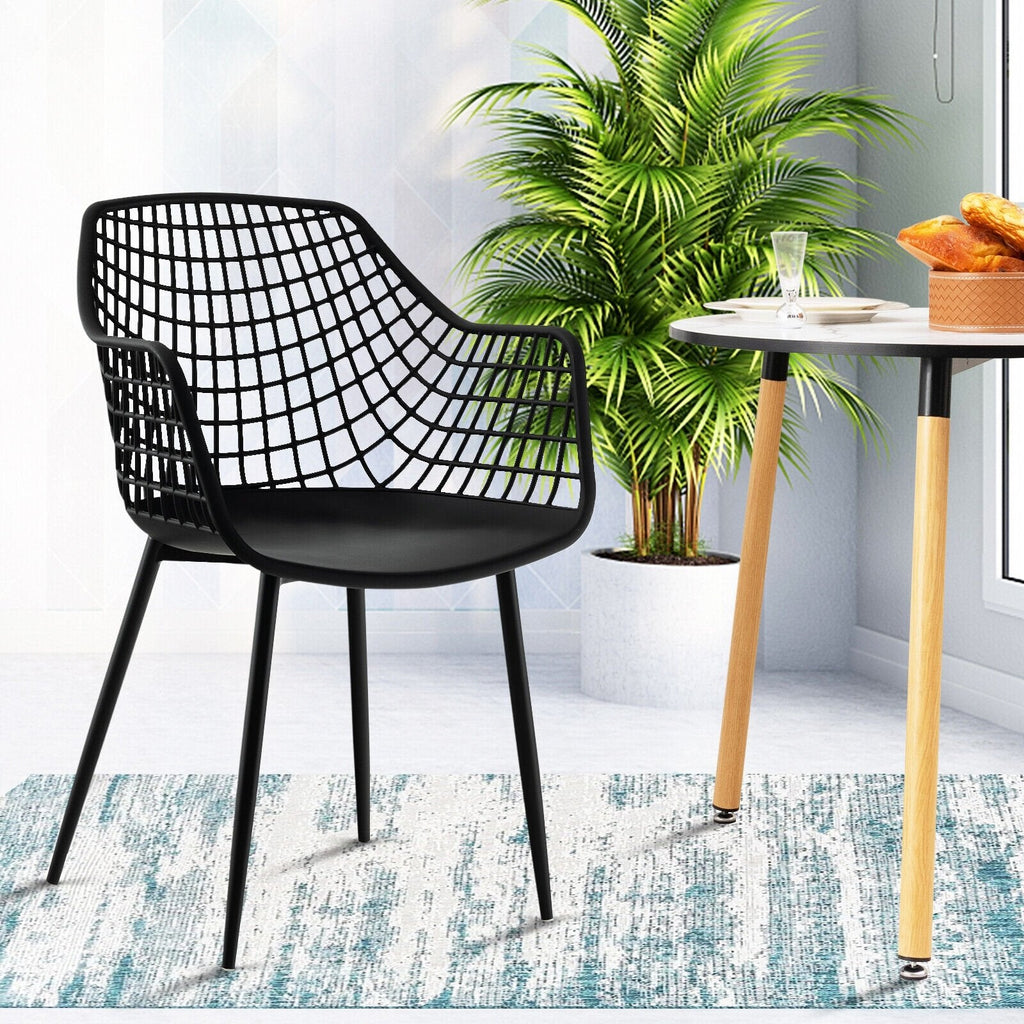 Set of 4 Hollow Back Dining Armchairs with Curved Seat, Black Plastic and Metal Legs