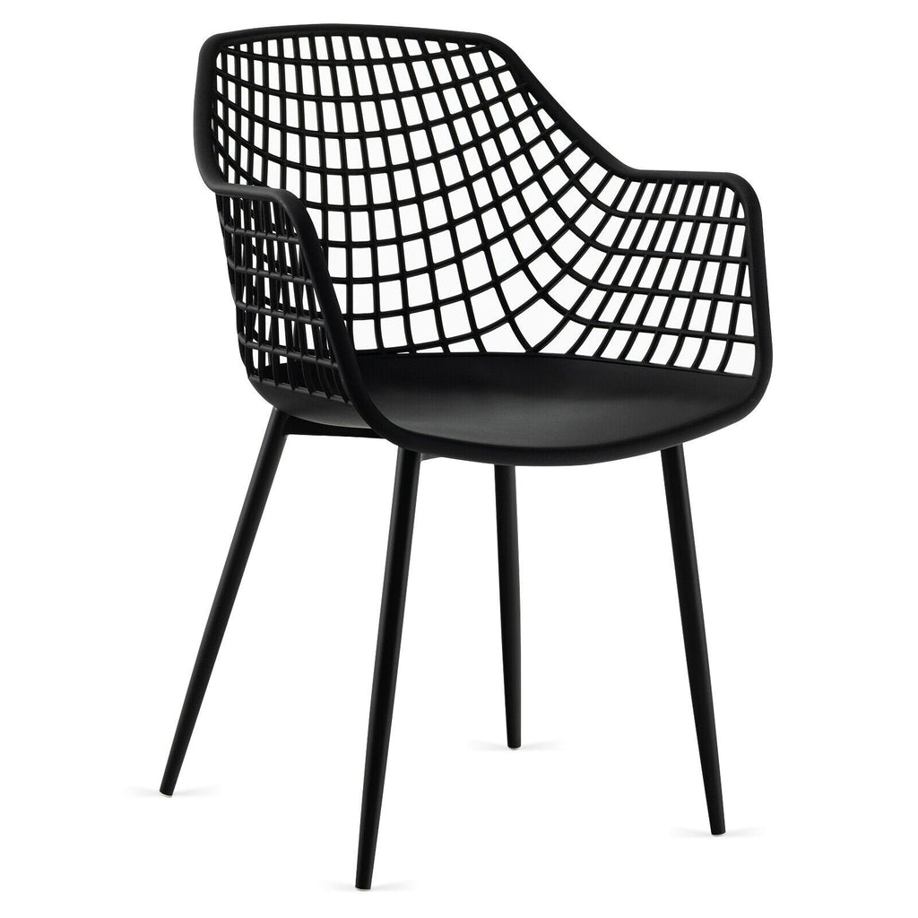 Set of 4 Hollow Back Dining Armchairs with Curved Seat, Black Plastic and Metal Legs