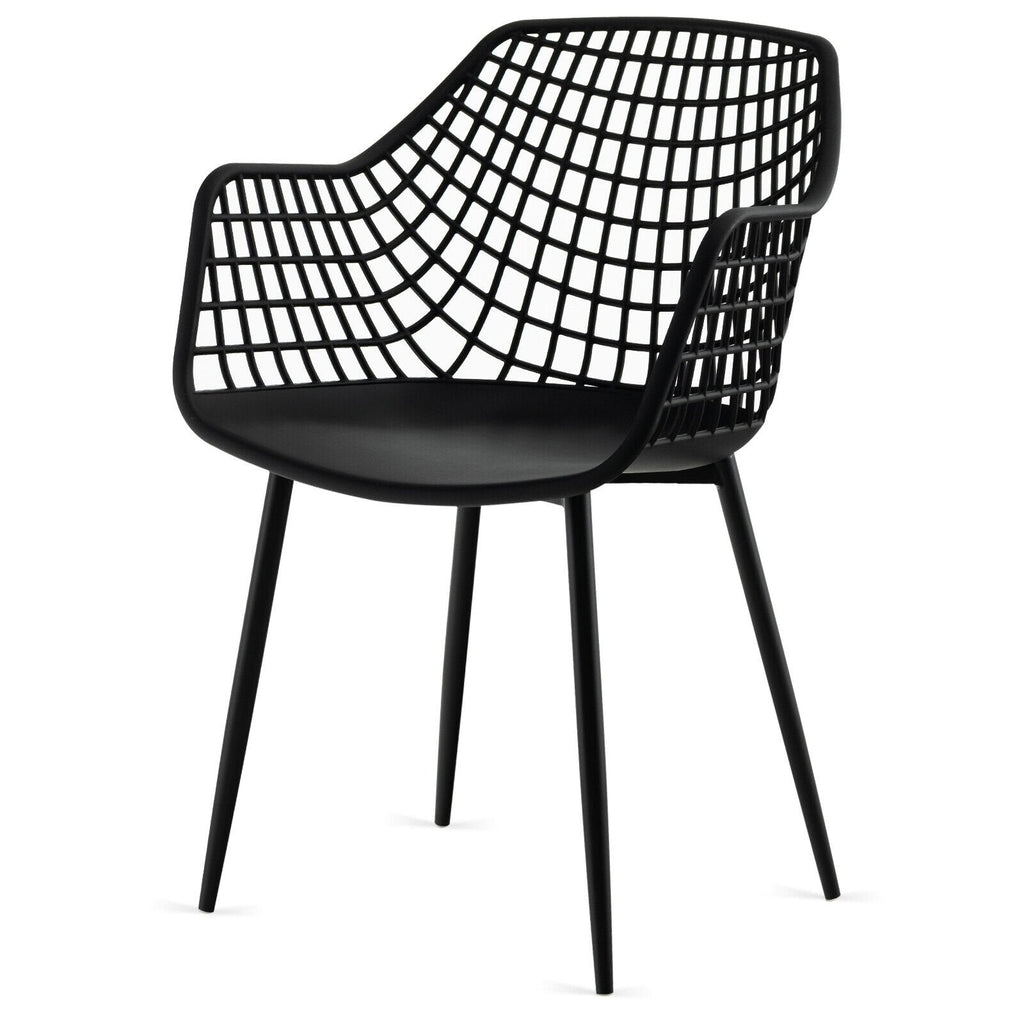 Set of 4 Hollow Back Dining Armchairs with Curved Seat, Black Plastic and Metal Legs
