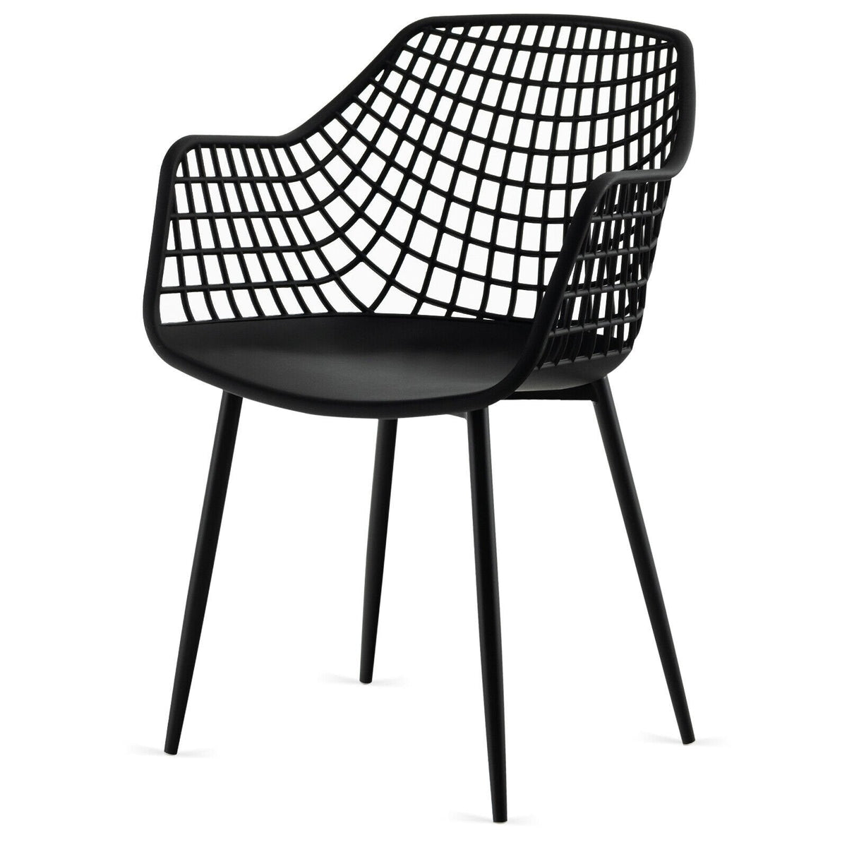 Set of 4 Hollow Back Dining Armchairs with Curved Seat, Black Plastic and Metal Legs