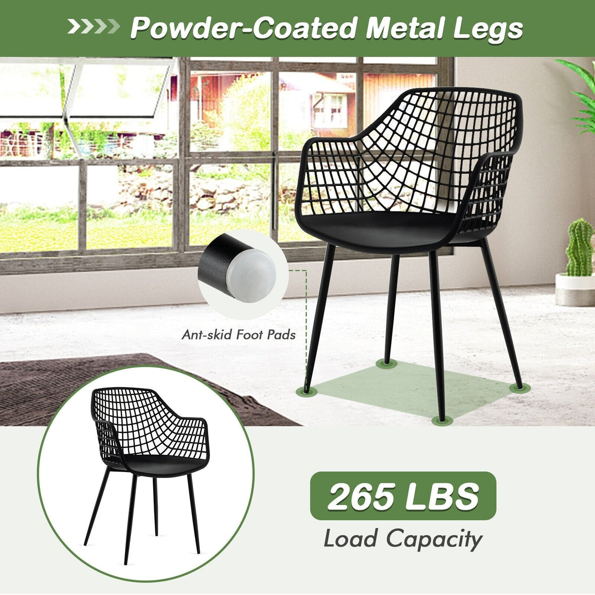 Set of 4 Hollow Back Dining Armchairs with Curved Seat, Black Plastic and Metal Legs