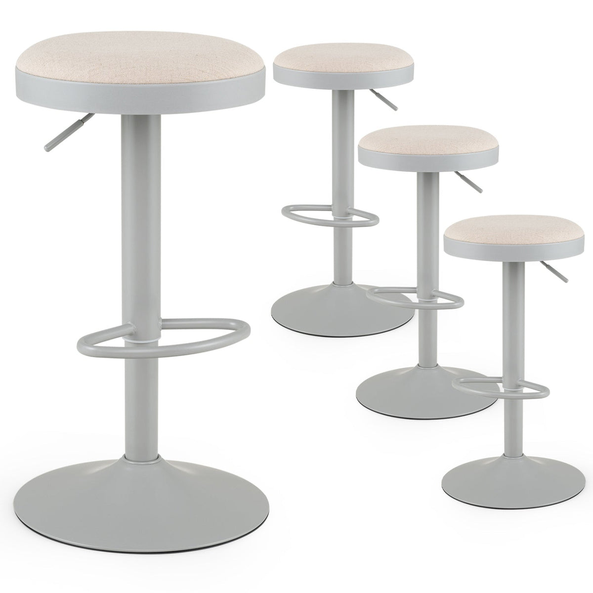 Set of 4 Backless Gas Lift Bar Stools in Grey Fabric with D Shaped Footrest