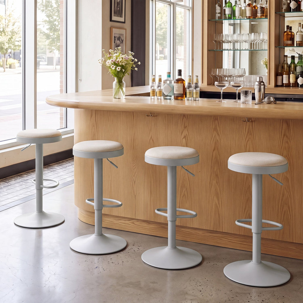 Set of 4 Backless Gas Lift Bar Stools in Grey Fabric with D Shaped Footrest
