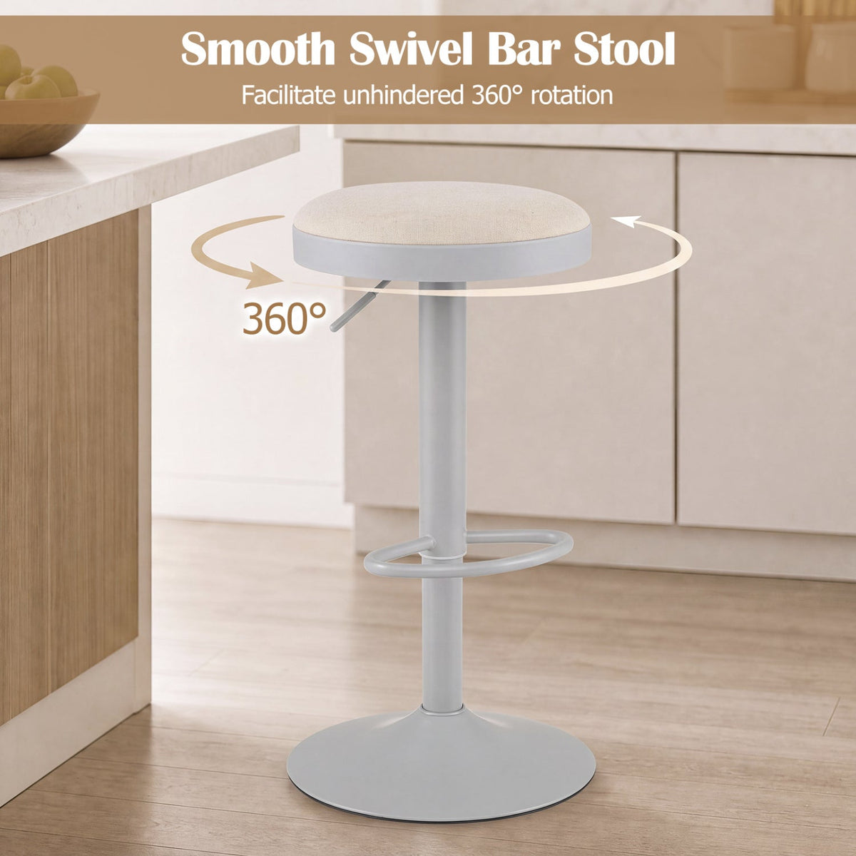 Set of 4 Backless Gas Lift Bar Stools in Grey Fabric with D Shaped Footrest