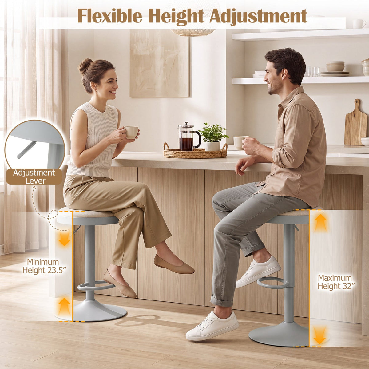 Set of 4 Backless Gas Lift Bar Stools in Grey Fabric with D Shaped Footrest