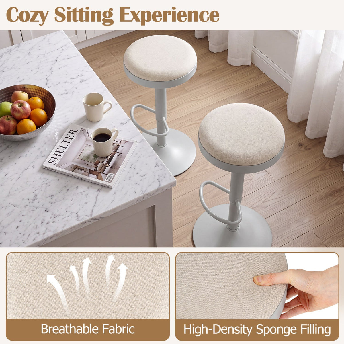 Set of 4 Backless Gas Lift Bar Stools in Grey Fabric with D Shaped Footrest
