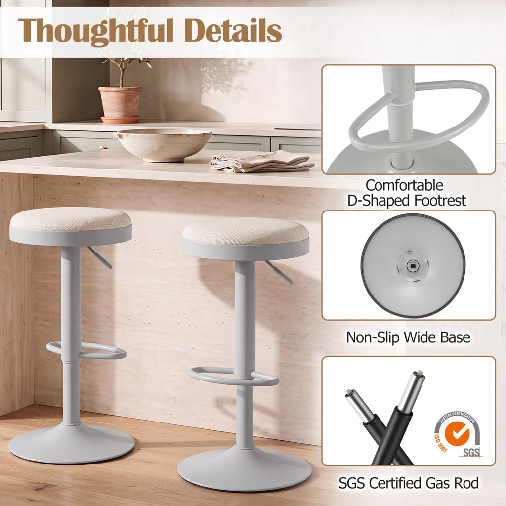 Set of 4 Backless Gas Lift Bar Stools in Grey Fabric with D Shaped Footrest