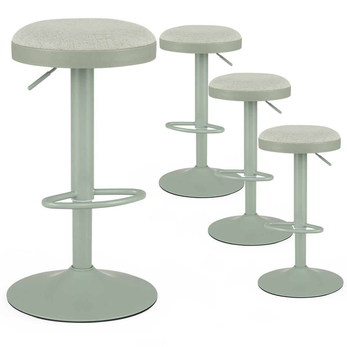 Set of 4 Backless Gas Lift Bar Stools in Green Fabric with D Shaped Footrest
