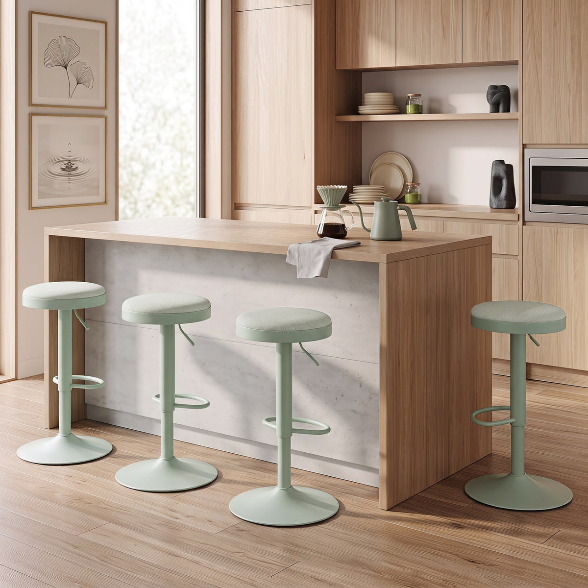 Set of 4 Backless Gas Lift Bar Stools in Green Fabric with D Shaped Footrest