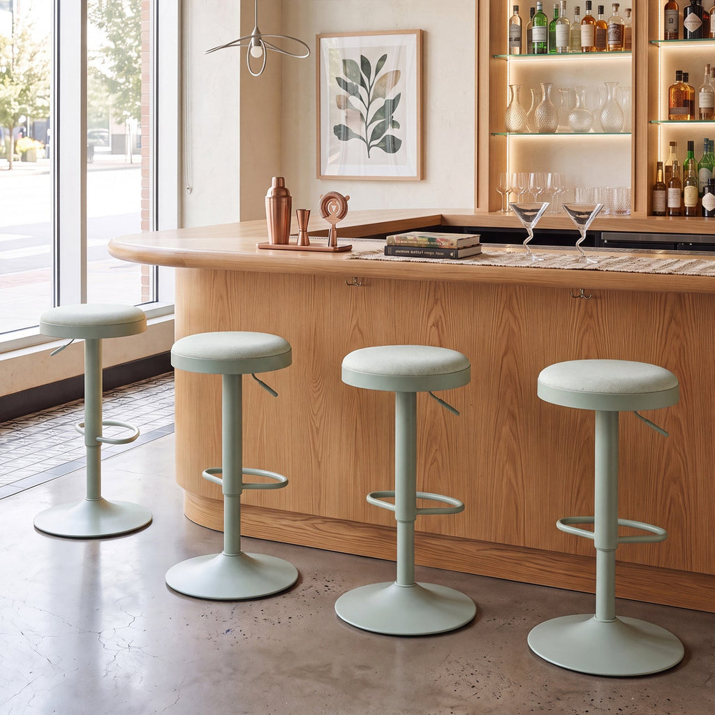 Set of 4 Backless Gas Lift Bar Stools in Green Fabric with D Shaped Footrest