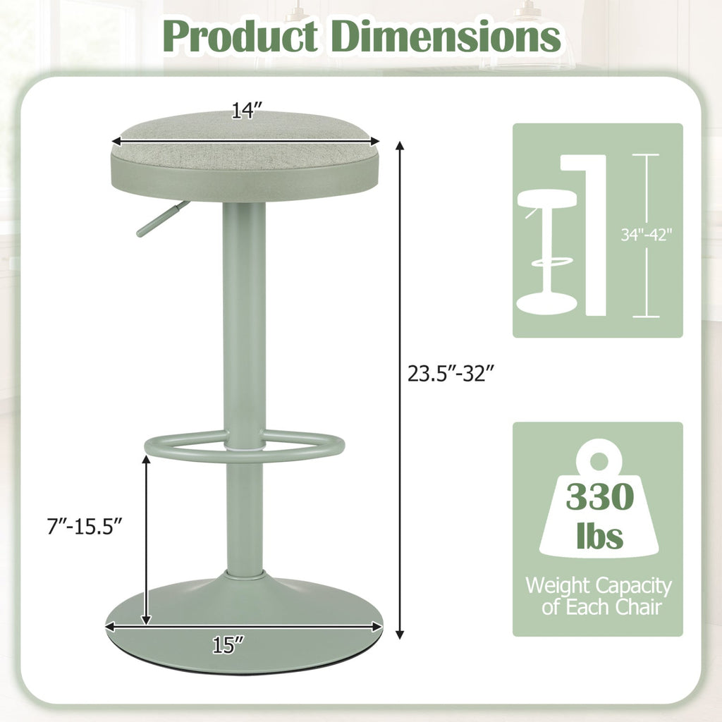 Set of 4 Backless Gas Lift Bar Stools in Green Fabric with D Shaped Footrest