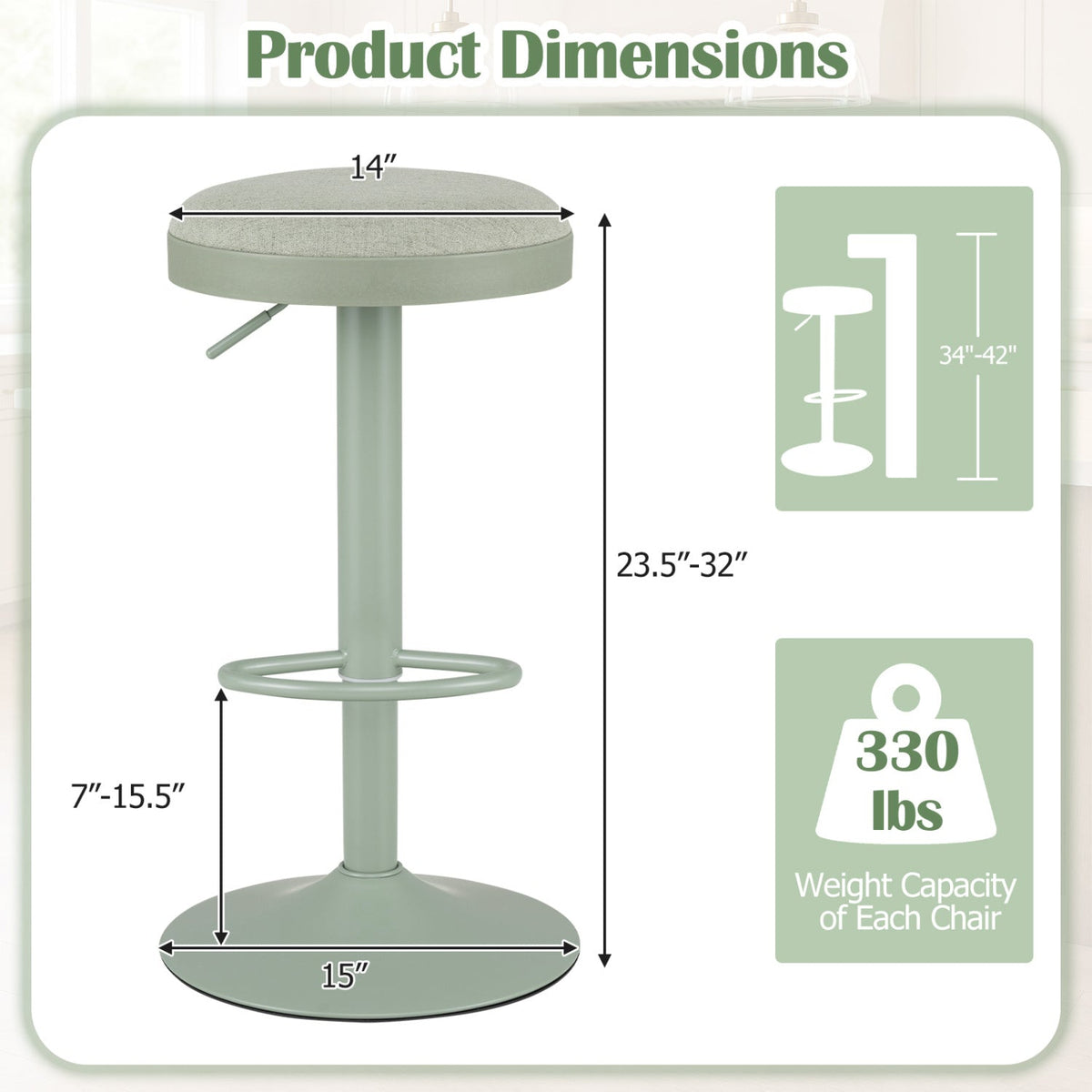 Set of 4 Backless Gas Lift Bar Stools in Green Fabric with D Shaped Footrest