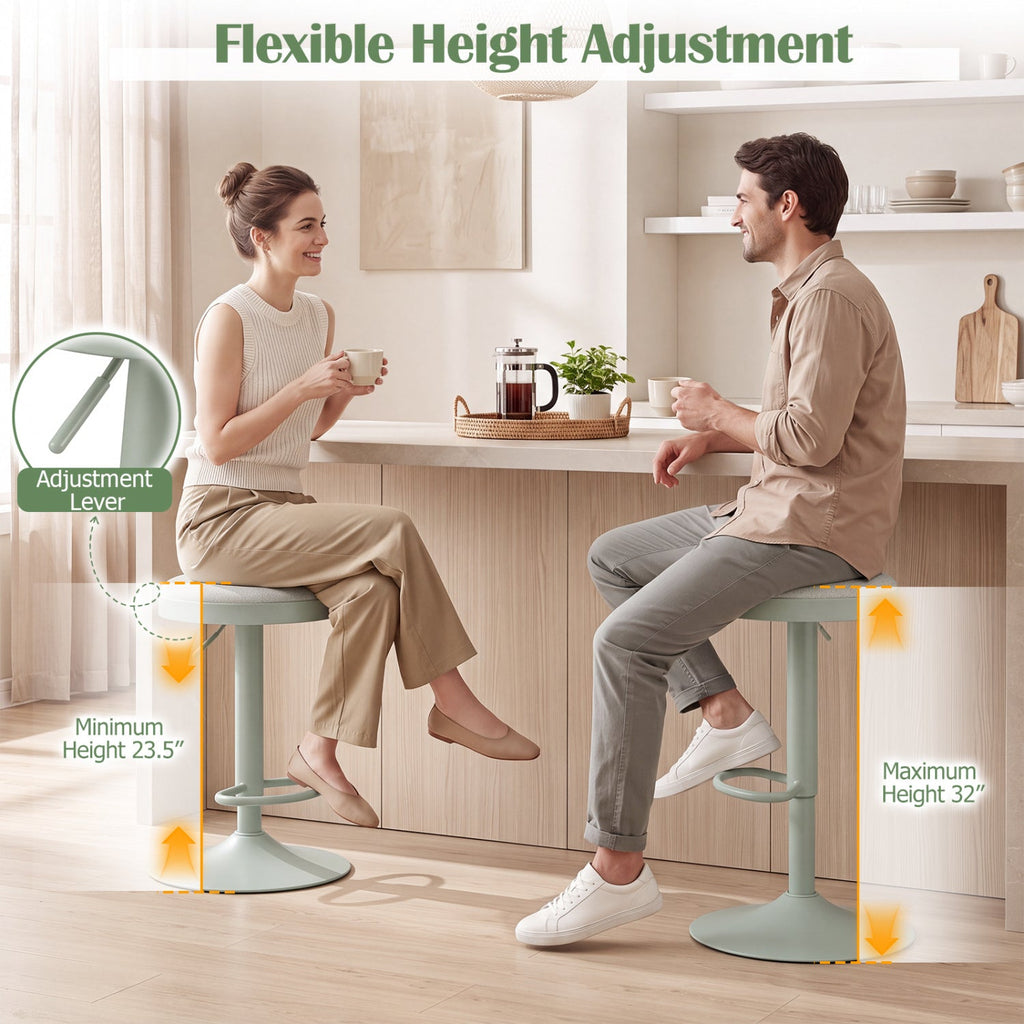 Set of 4 Backless Gas Lift Bar Stools in Green Fabric with D Shaped Footrest
