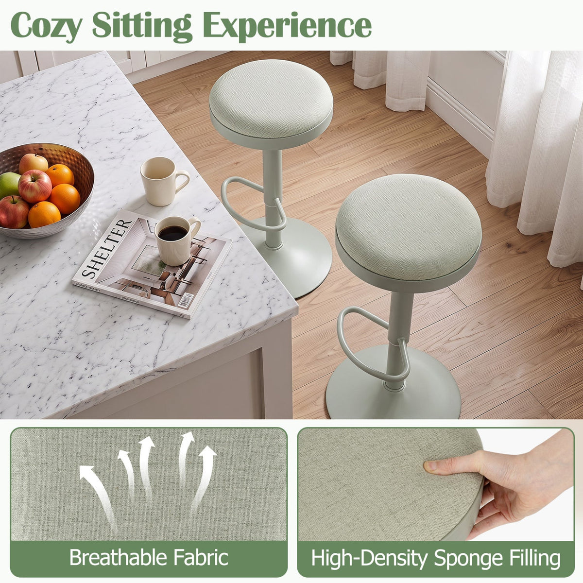 Set of 4 Backless Gas Lift Bar Stools in Green Fabric with D Shaped Footrest