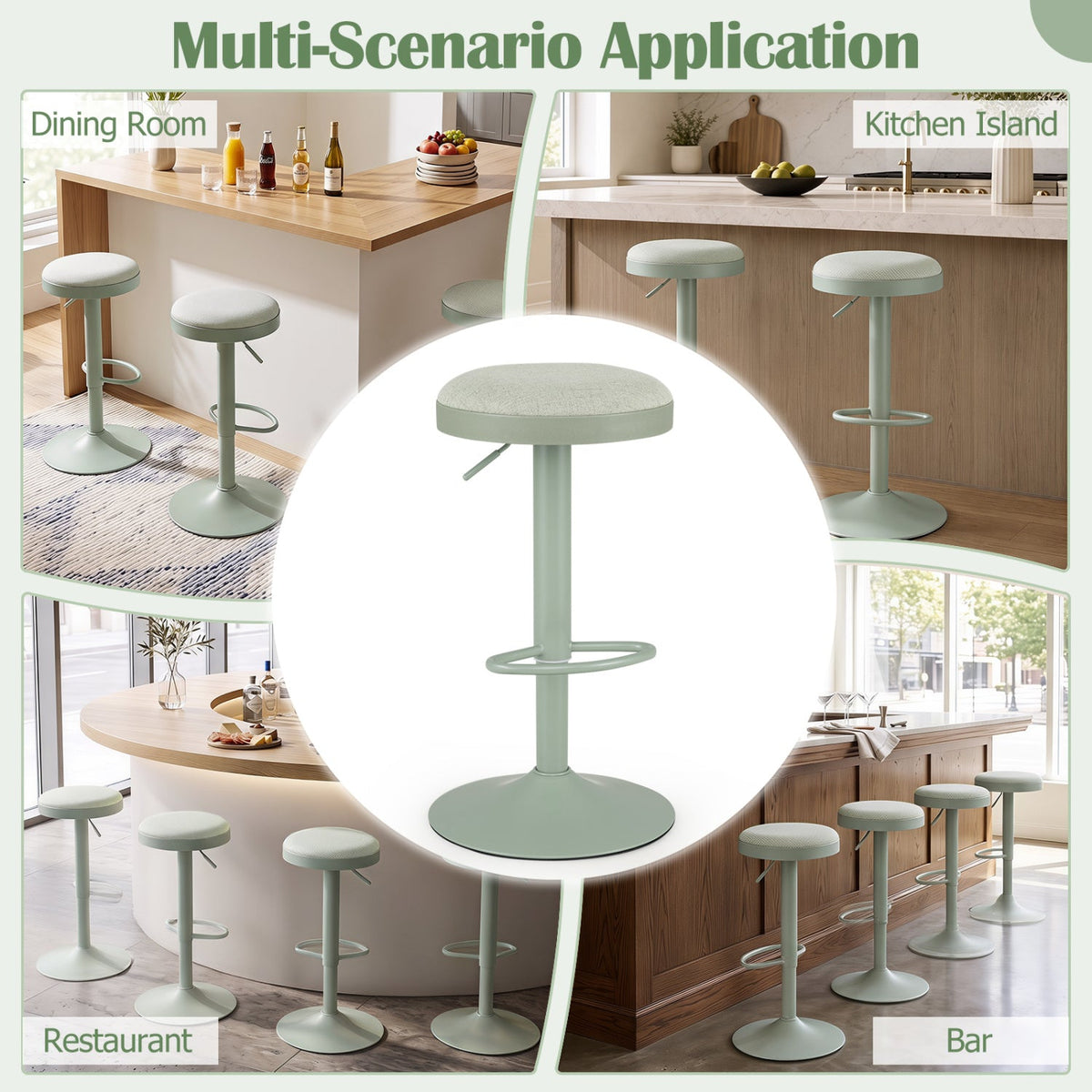 Set of 4 Backless Gas Lift Bar Stools in Green Fabric with D Shaped Footrest