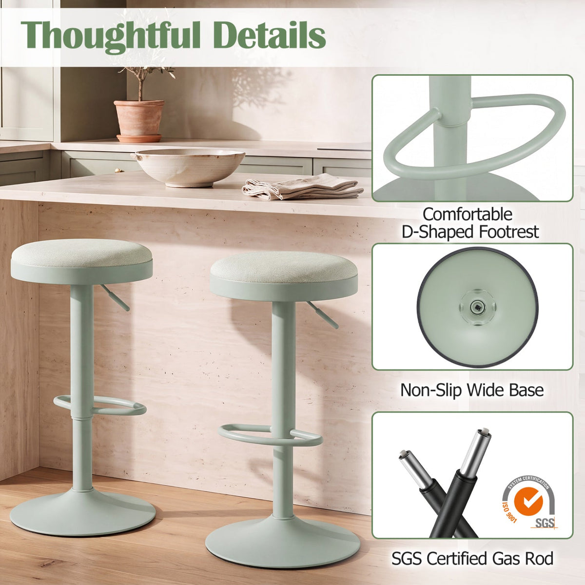 Set of 4 Backless Gas Lift Bar Stools in Green Fabric with D Shaped Footrest