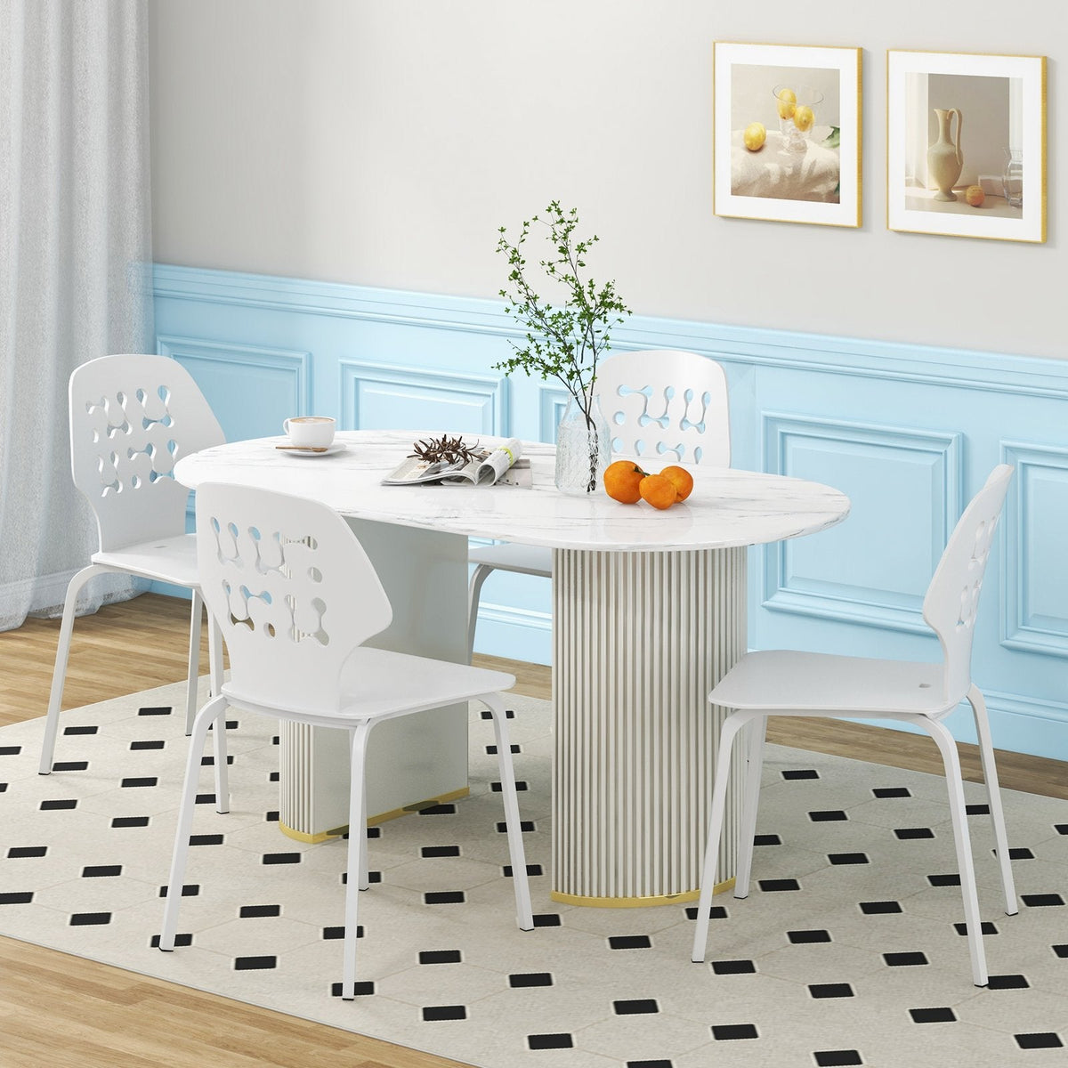 Set of 4 White Dining Chairs with Perforated Back and Metal Legs