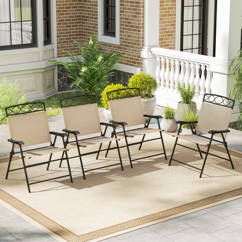 Set of 4 Patio Folding Chairs Set Dining Chairs with Armrests-Beige