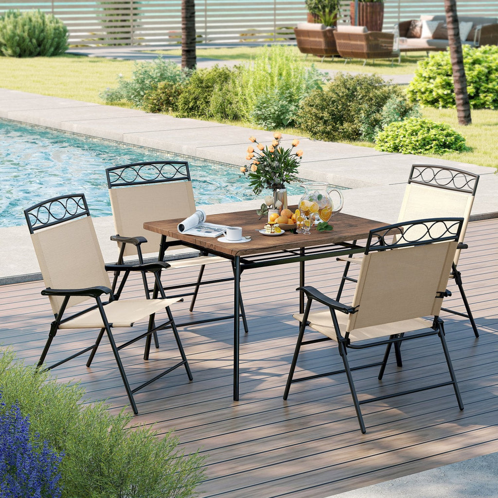 Set of 4 Patio Folding Chairs Set Dining Chairs with Armrests-Beige