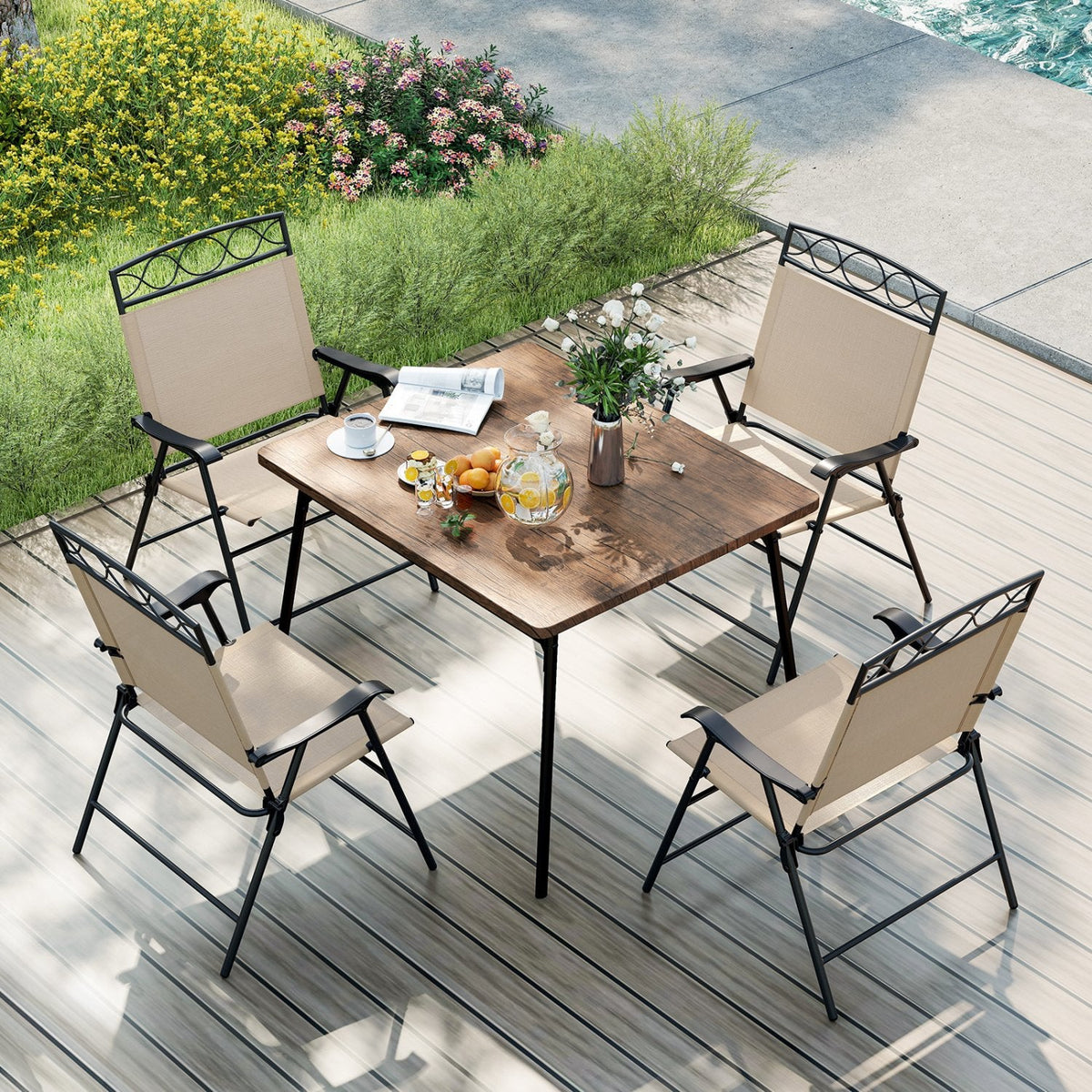 Set of 4 Patio Folding Chairs Set Dining Chairs with Armrests-Beige
